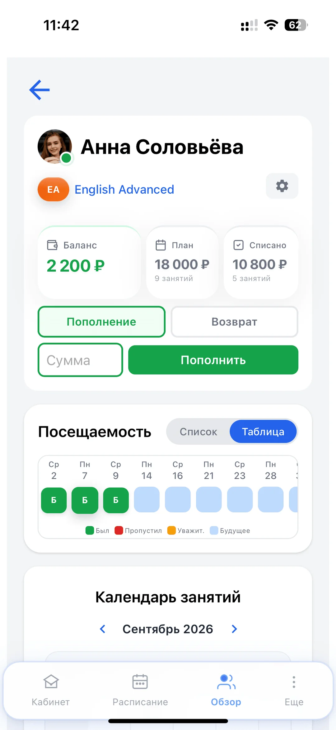 Посещаемость — не отмечено